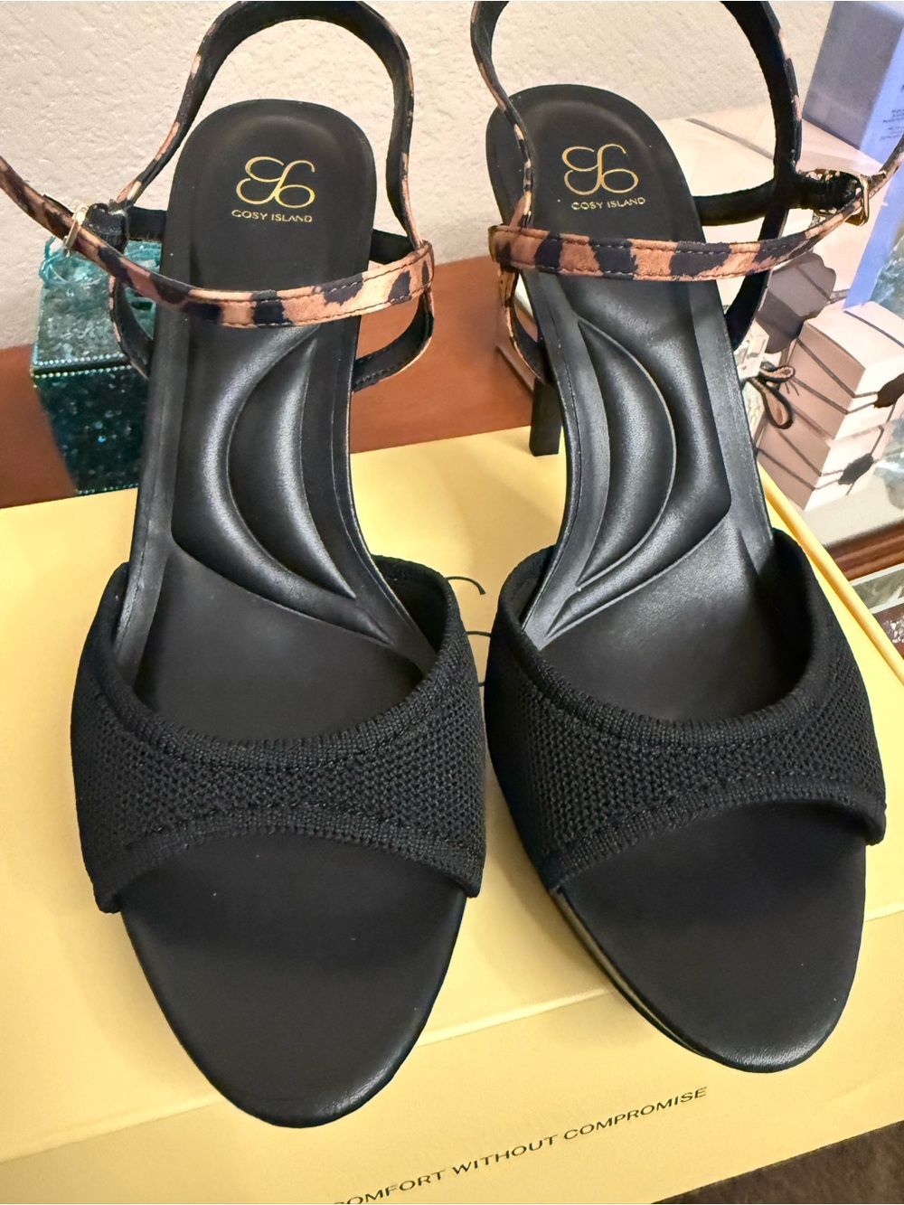 Cosy Island platform sandals with leopard strap.